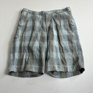 Tommy Bahama Relaxed Men’s 100% Linen Shorts Blue Plaid Adult Size 36 Casual‎